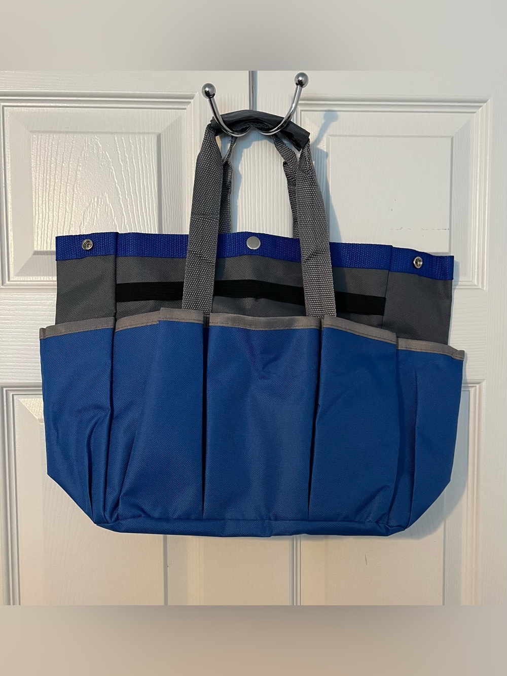 Garden Utility Tote Bag 8 Pockets Snap Closure Blue and Gray NWOT